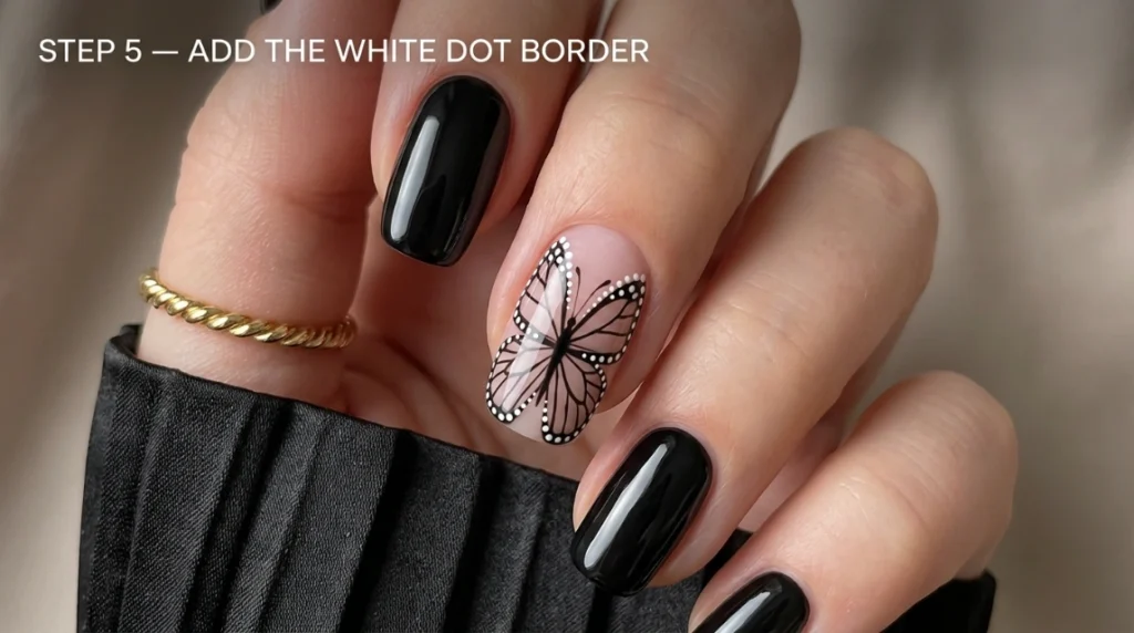 black butterfly nails - white dot border detail