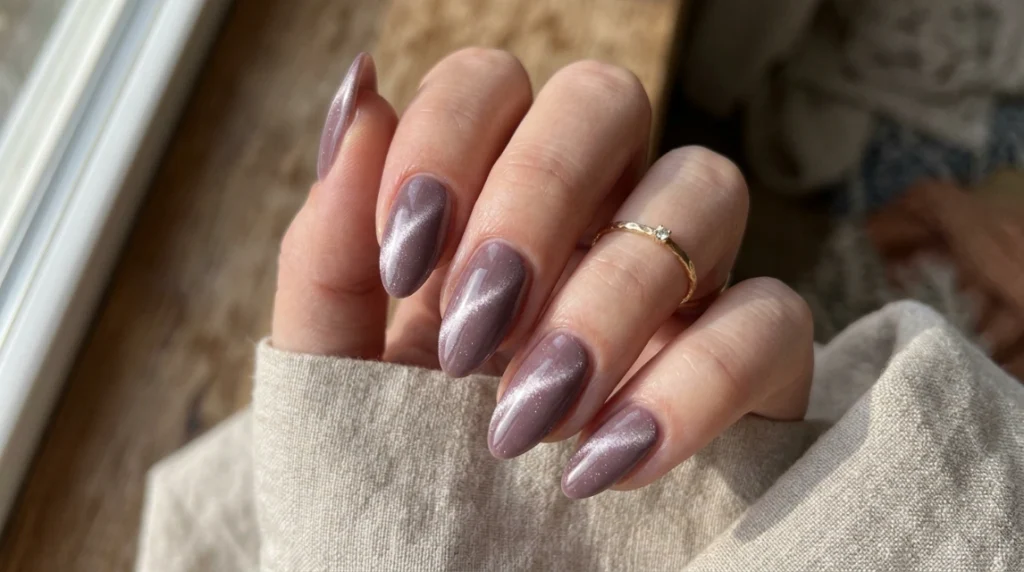 Dusty mauve nails with a soft chrome finish