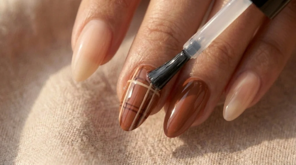 A glossy top coat seals and elevates the finished brown plaid almond nails