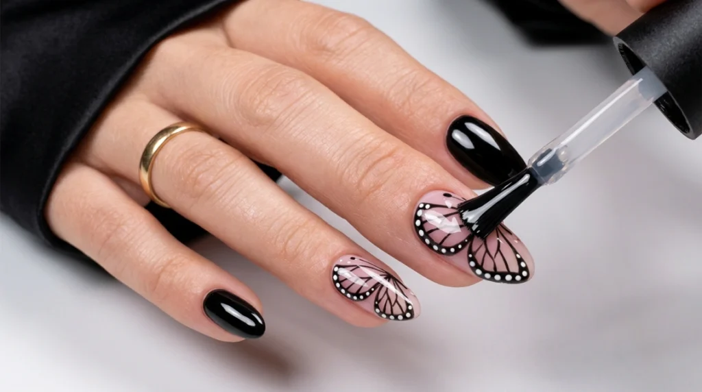 black butterfly nails - glossy top coat seal