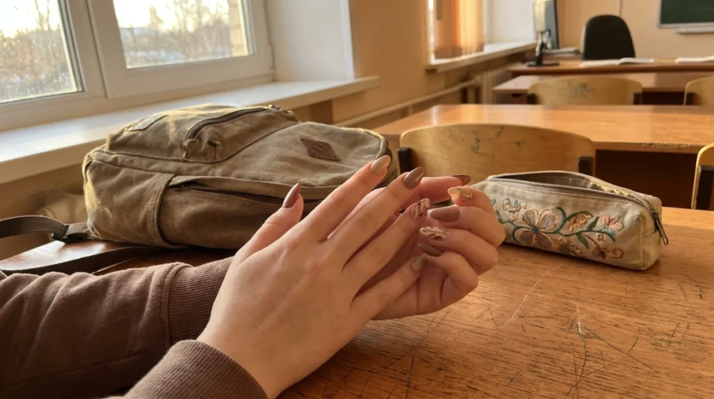 Mismatched nail designs for teens fit naturally into everyday school life once the color story is coordinated.