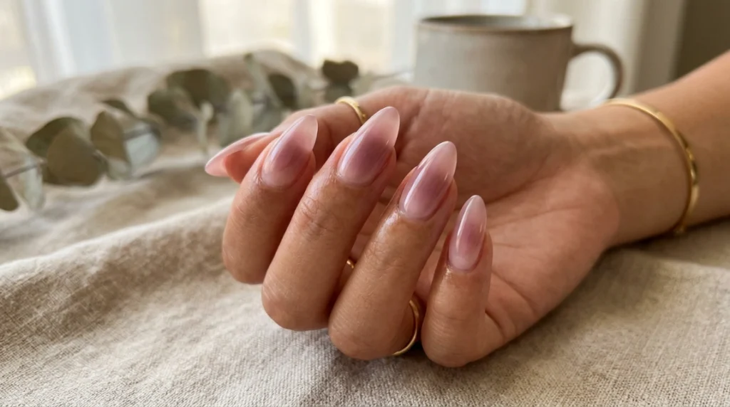 The cat-eye effect on a muted dusty mauve base