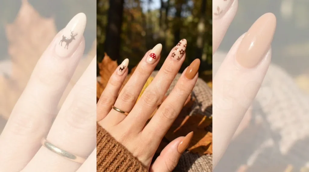 A minimal take on deer print nails — nude base with a single fawn-print accent.