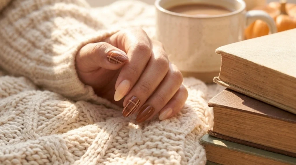 The finished brown plaid almond nails, styled for a cozy autumn afternoon