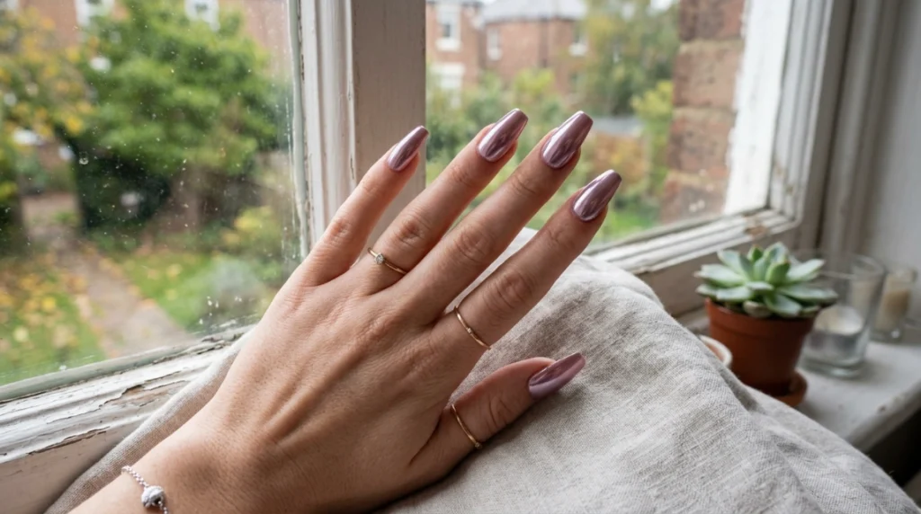 A soft gradient dusty mauve aura manicure