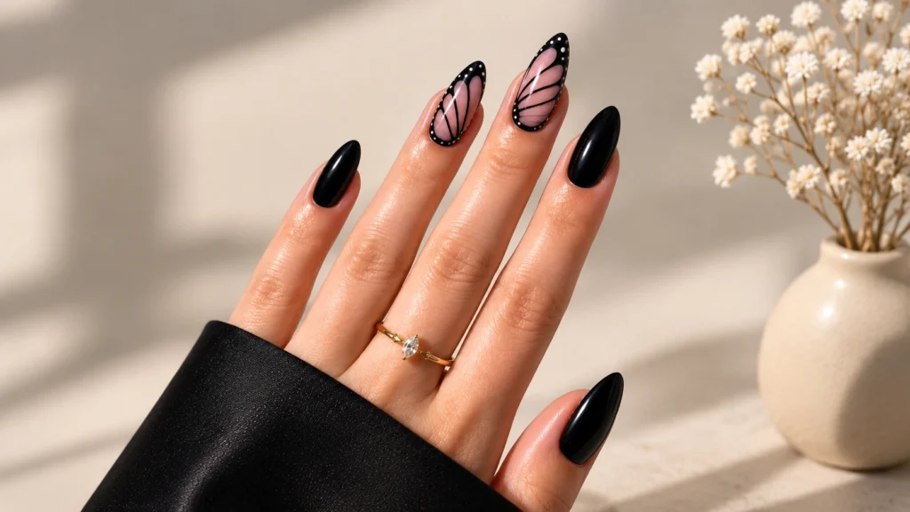 black butterfly nails - finished almond manicure result