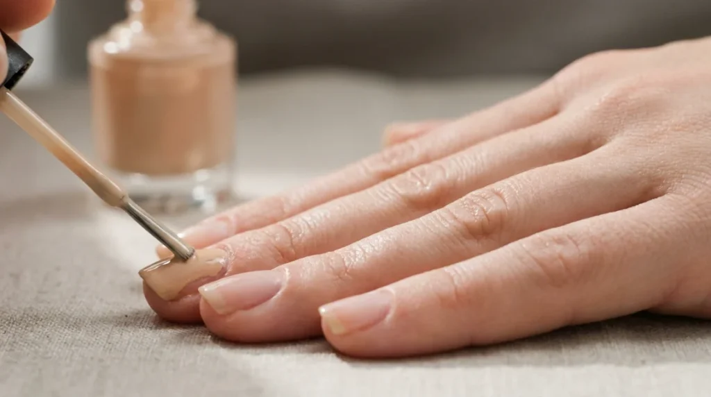 Adding irregular brown dots with a dotting tool creates the signature deer print nails look.