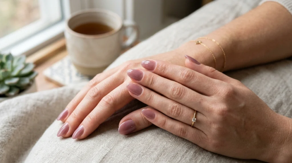 Dusty mauve paired with a warm brown accent