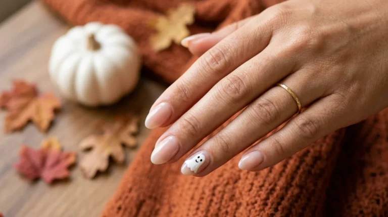 Soft spooky ghost nails pair a sheer nude base with one small hand-painted ghost.