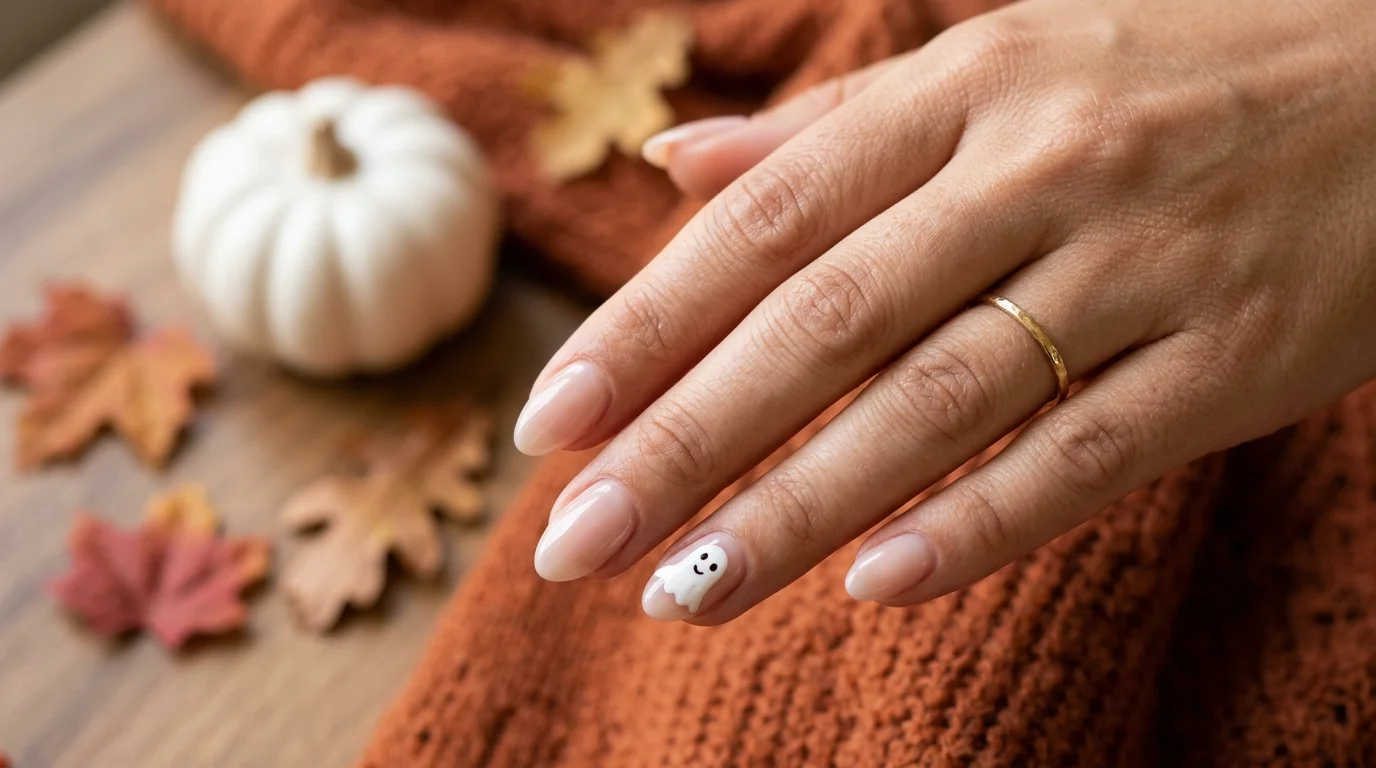 Soft spooky ghost nails pair a sheer nude base with one small hand-painted ghost.