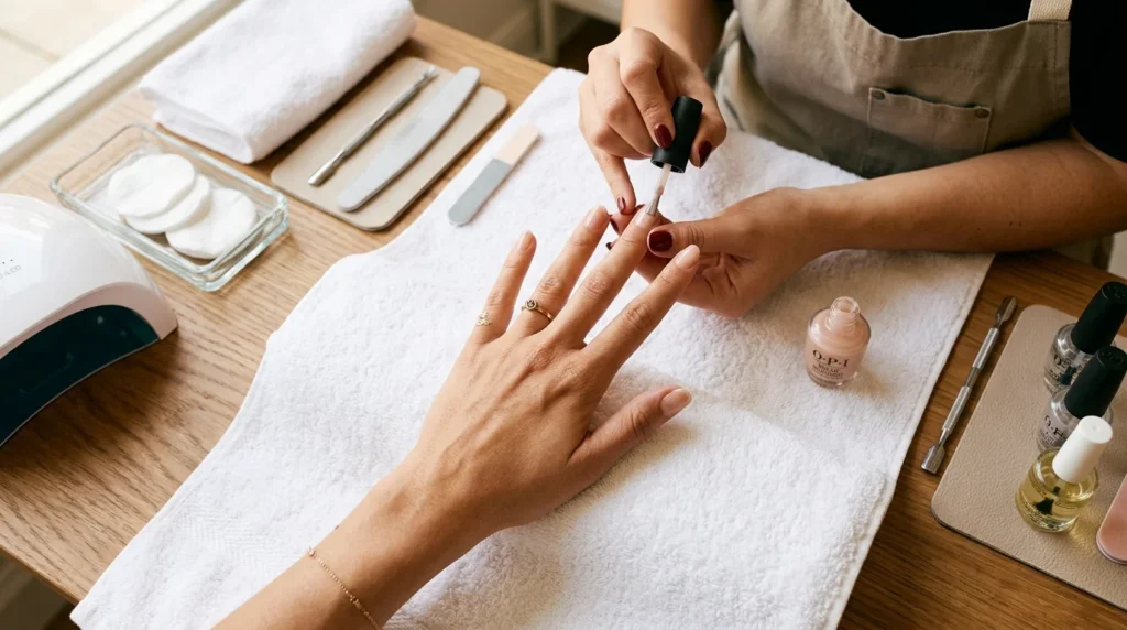 Two thin coats let a little natural nail show through for a soft finish