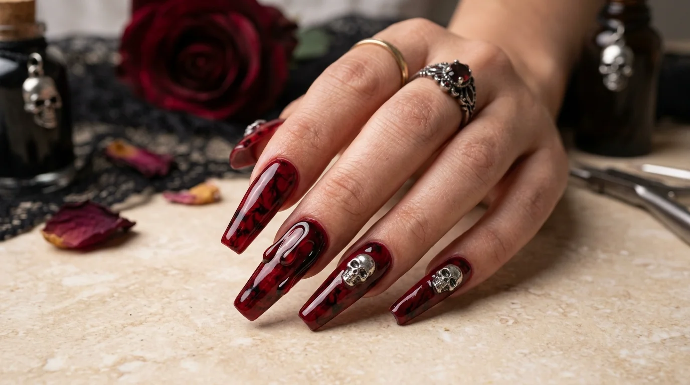 The finished look you're working toward, deep crimson marbling with raised blood drips and a silver skull accent