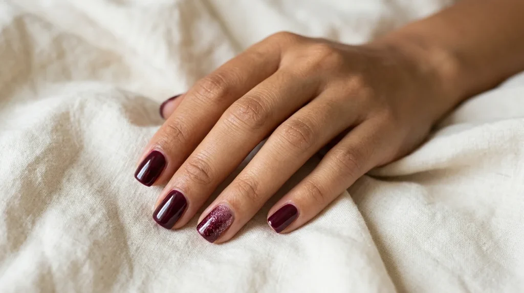 Burgundy nails with fine glitter accents near the tip on one accent nail