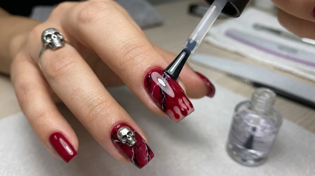 Clear builder gel shaped into raised, dimensional drips, the step that makes it dramatic.