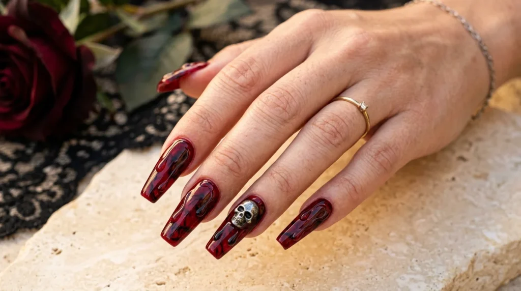 The same design, worn, styled for the full Halloween editorial mood