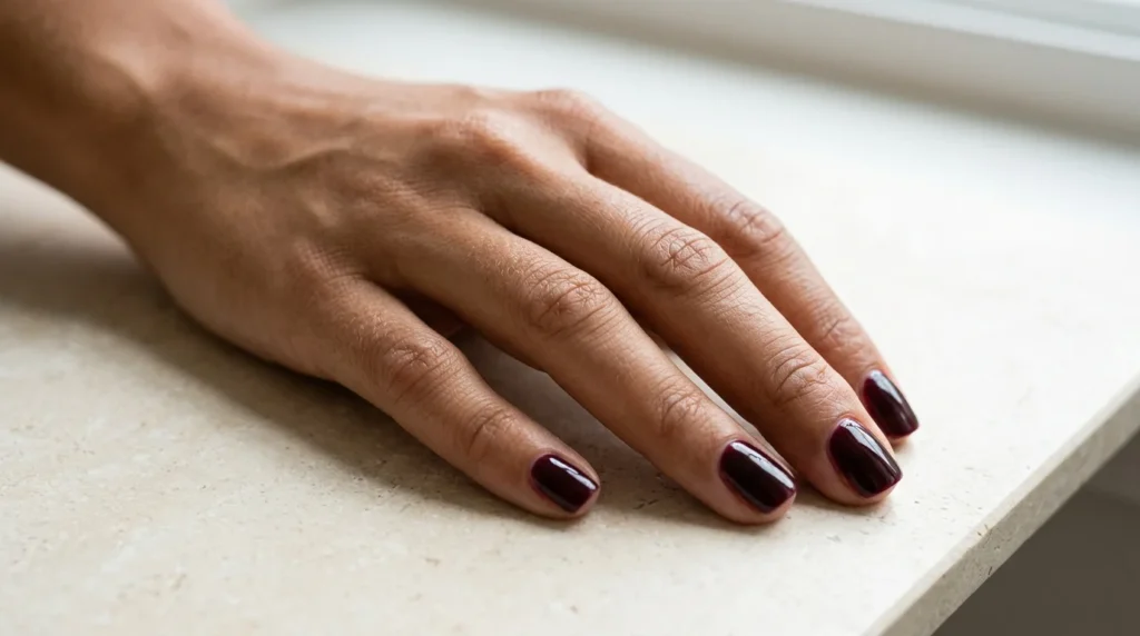 Dark cherry nails in a cool, blue-leaning red with a glassy glossy finish