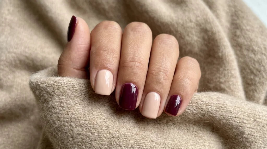 Burgundy nails alternated with soft nude accent nails for an office-friendly manicure