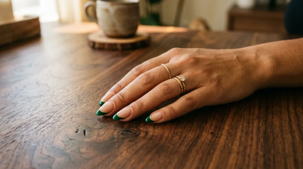 Sheer white nails with a crisp emerald band at each tip.