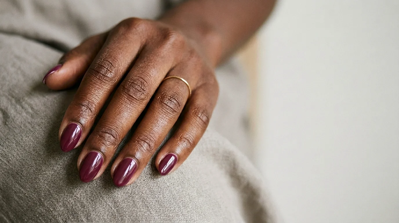 Glossy plum nails on deep skin, one of the best dark nail colors for dark skin