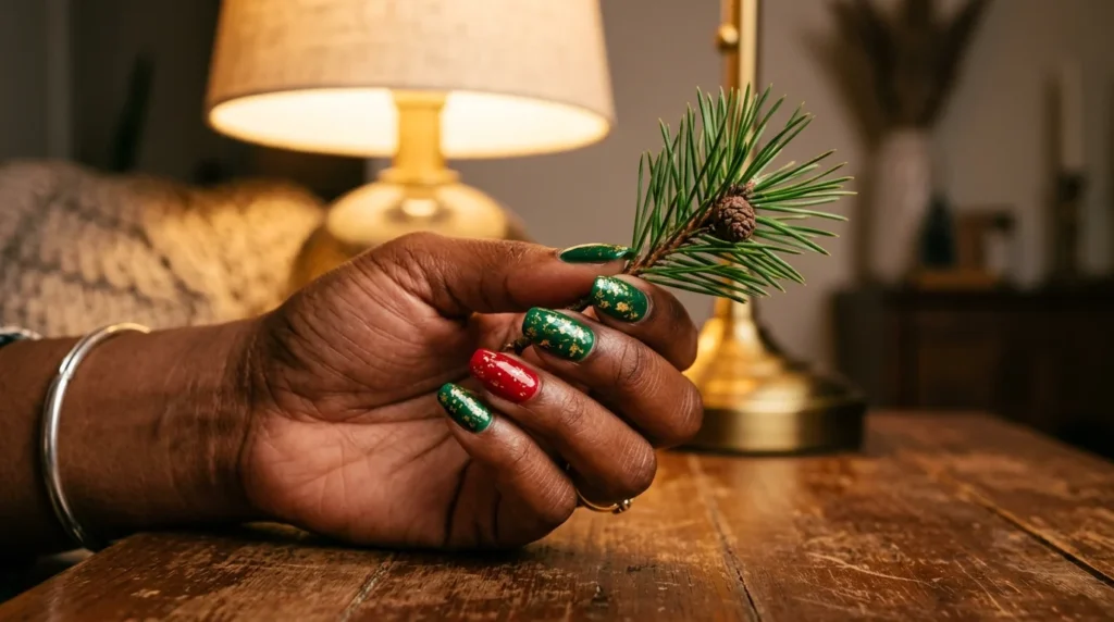 Emerald nails with torn gold foil and one red nail.