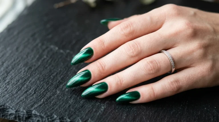 Deep, glossy emerald green nails in a classic almond shape.