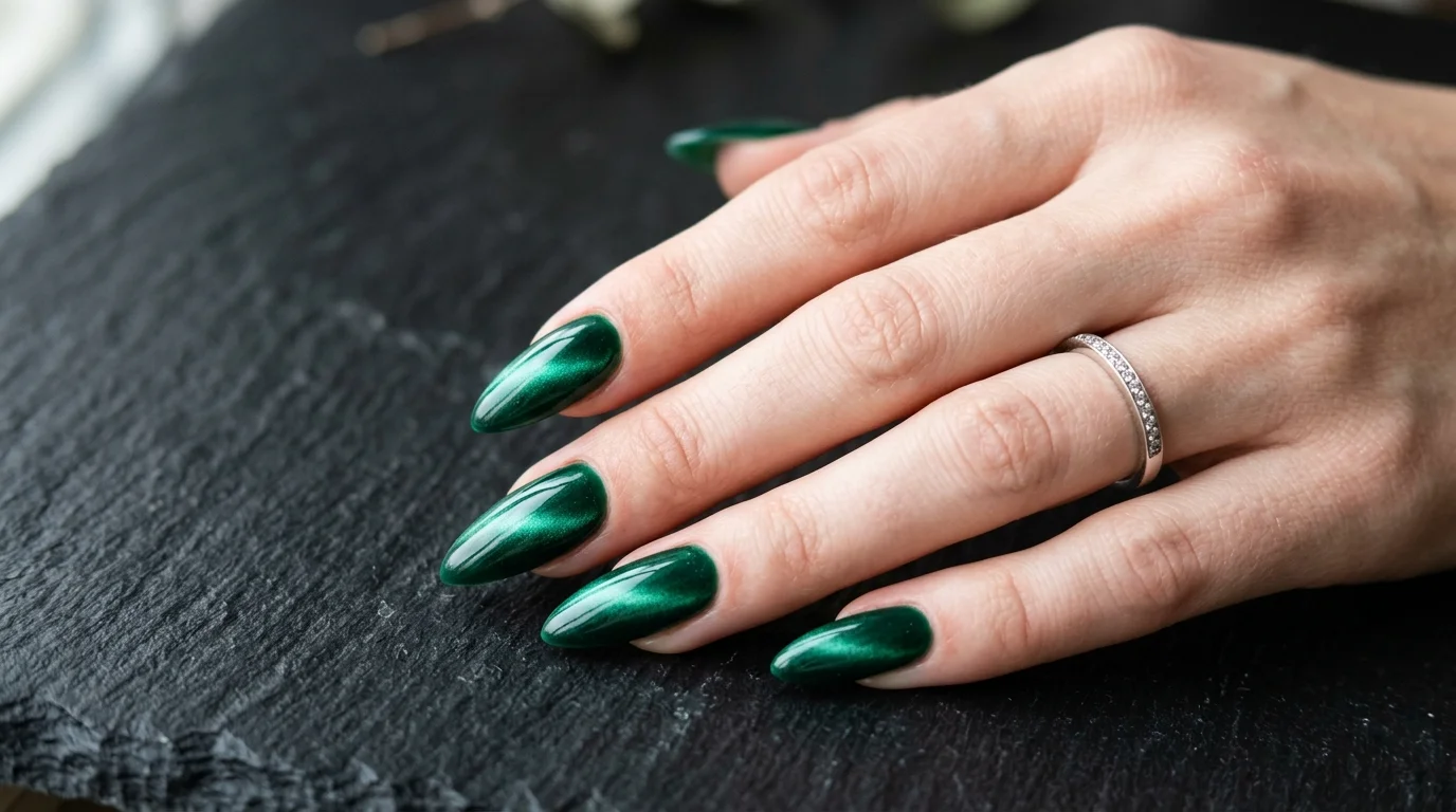 Deep, glossy emerald green nails in a classic almond shape.