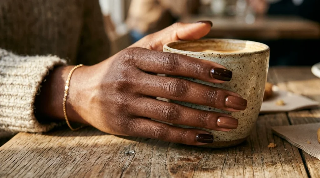 Espresso, dark chocolate and mocha brown manicure on dark skin
