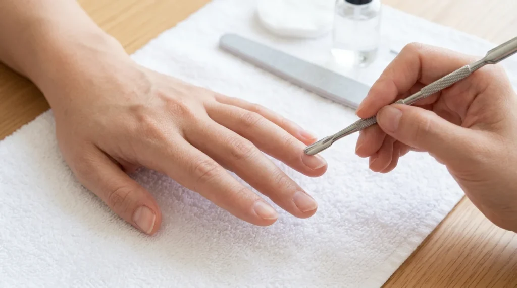 Left hand has one emerald nail, right hand has a thin emerald tip.