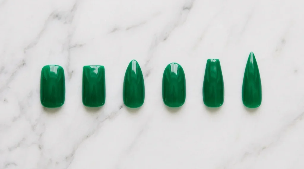 All five nails painted in one even emerald color with a shiny top coat