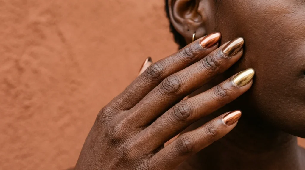 Copper, bronze and gold chrome nails on deep brown skin