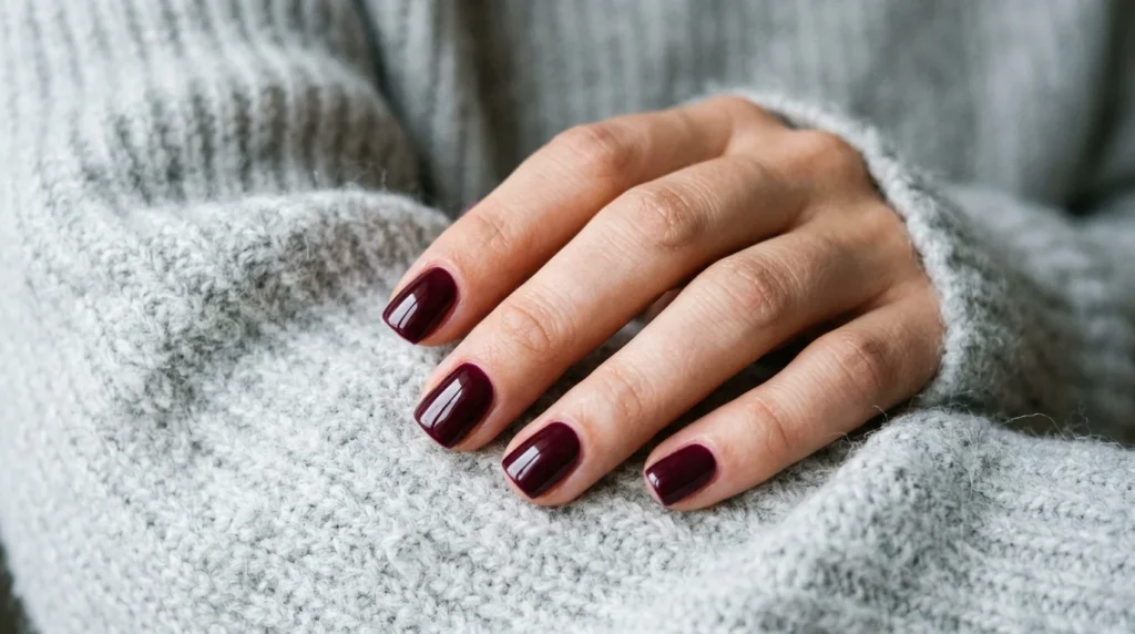 Minimal burgundy nails for everyday outfits, a short glossy single-color manicure in medium-dark burgundy