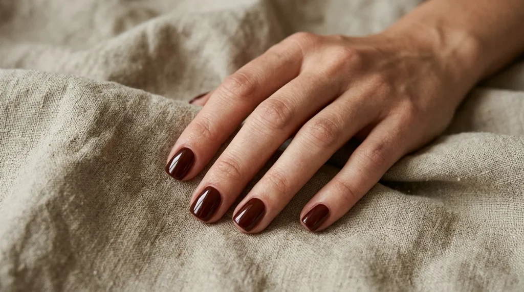 Oxblood nails in a glossy red-brown shade with a moody, earthy look