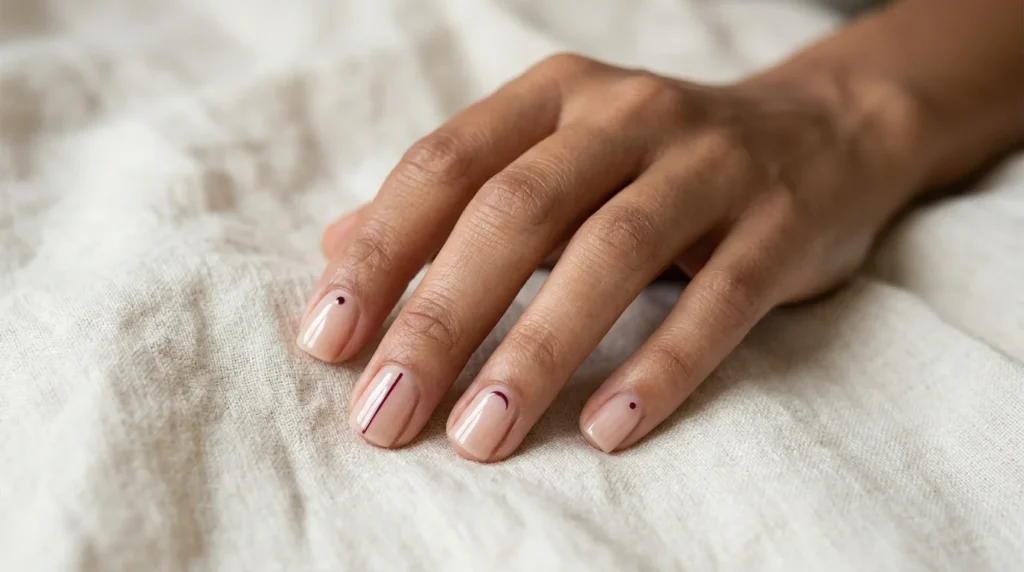 Minimal burgundy nail art with thin lines and tiny dots on a nude base