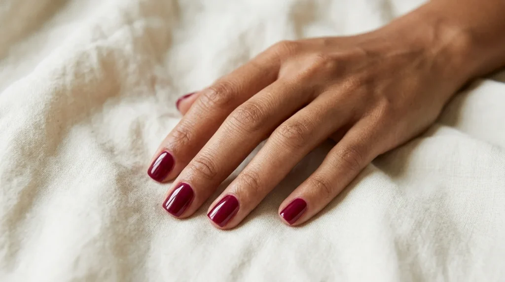 Deep wine-red nails in a glossy red-purple shade, slightly brighter than burgundy