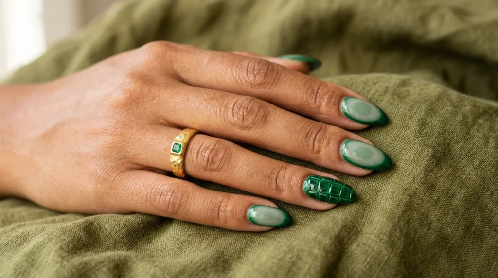 Deep emerald edges, accent nail with glossy croc texture, gold ring, soft lighting.