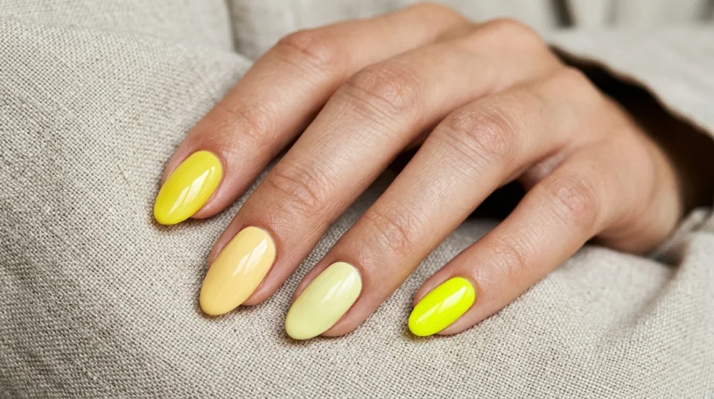 Lemon, butter, pastel and neon yellow nail shades compared on a hand
