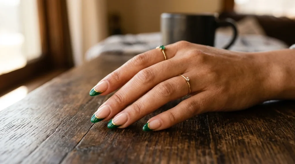 Emerald Nails with thin golden line add elegant looks
