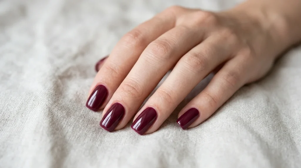 Rounded-square burgundy nails with softly curved corners and a glossy finish