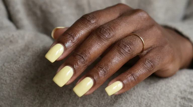 Creamy lemon yellow nails on medium square acrylics, glossy pale yellow manicure