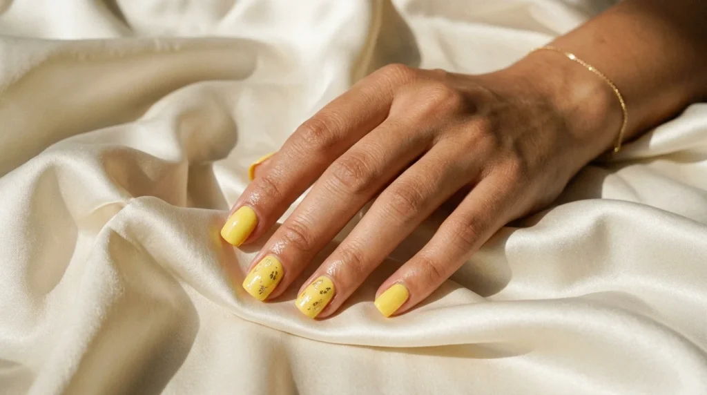 Lemon yellow nails with gold foil accents