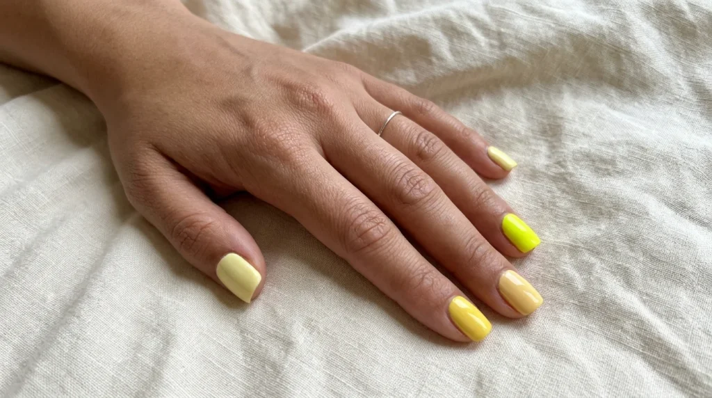 Applying a thin coat of lemon yellow polish for smooth coverage