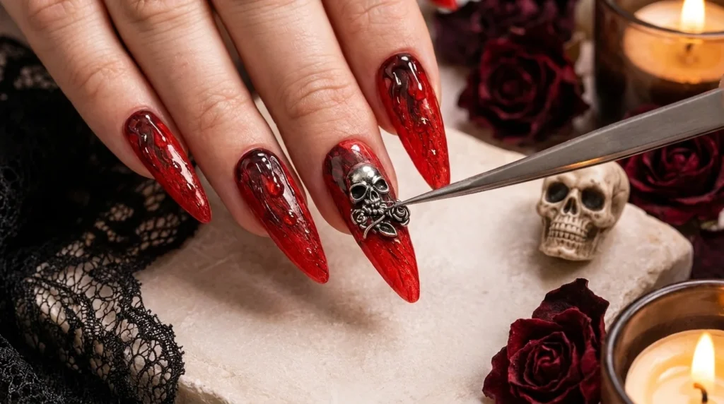 A small silver skull charm placed carefully on one accent nail
