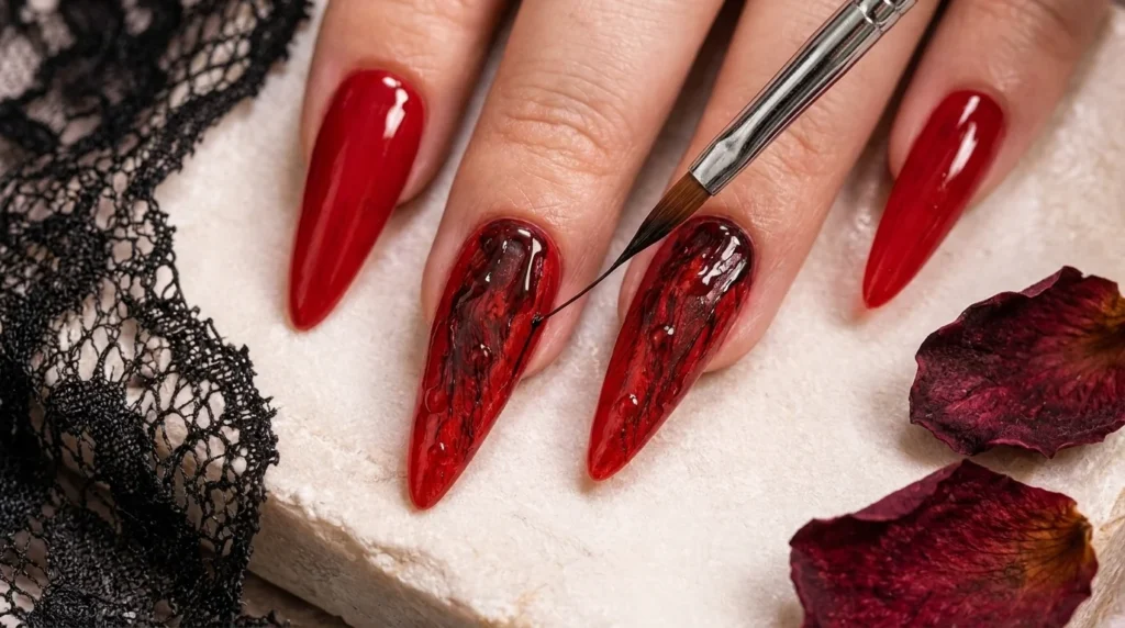 he marbling refined into subtle, layered veins before the drips go on.