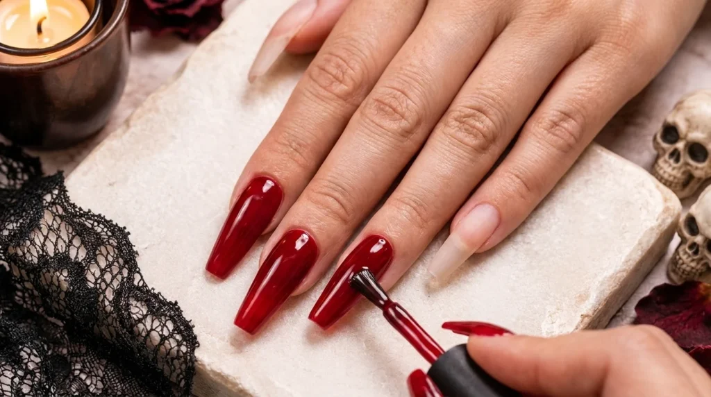 The first thin coat of crimson base, the foundation for everything else.