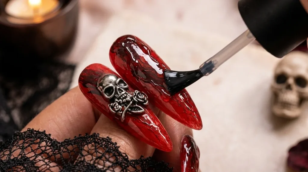 A final glossy top coat seals the marbling, drips and skull accent together.