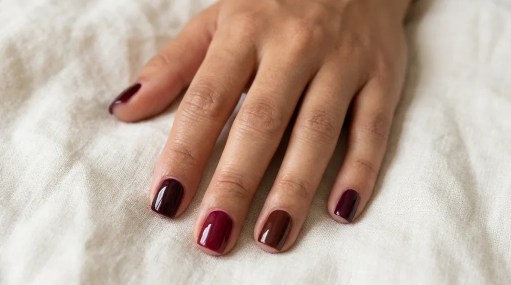 Burgundy nails compared with wine red, oxblood and dark cherry polish on one hand
