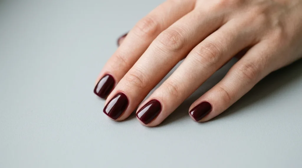 Short square burgundy nails with a glossy finish