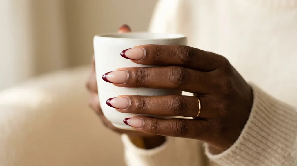 Burgundy French tip nails on a sheer milky nude base