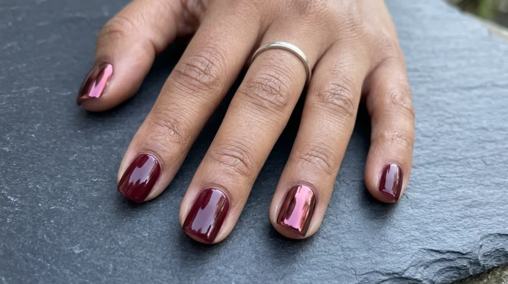 Burgundy nails with chrome accent nails and a mirror finish