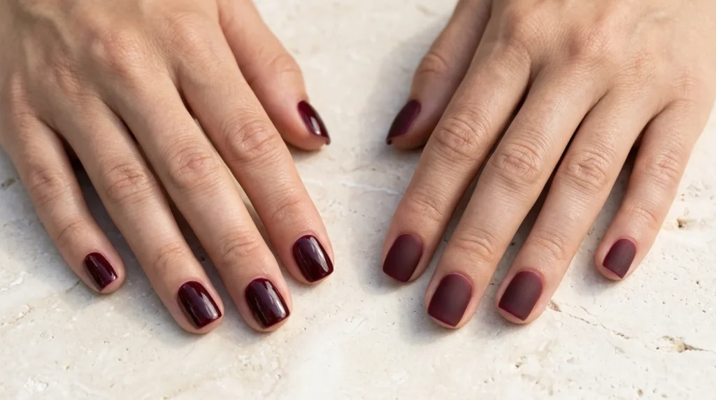 Glossy and matte burgundy nails side by side